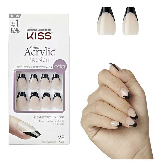 KISS Salon Acrylic French ‘Flame’, Black, Short Coffin Press-On Nails